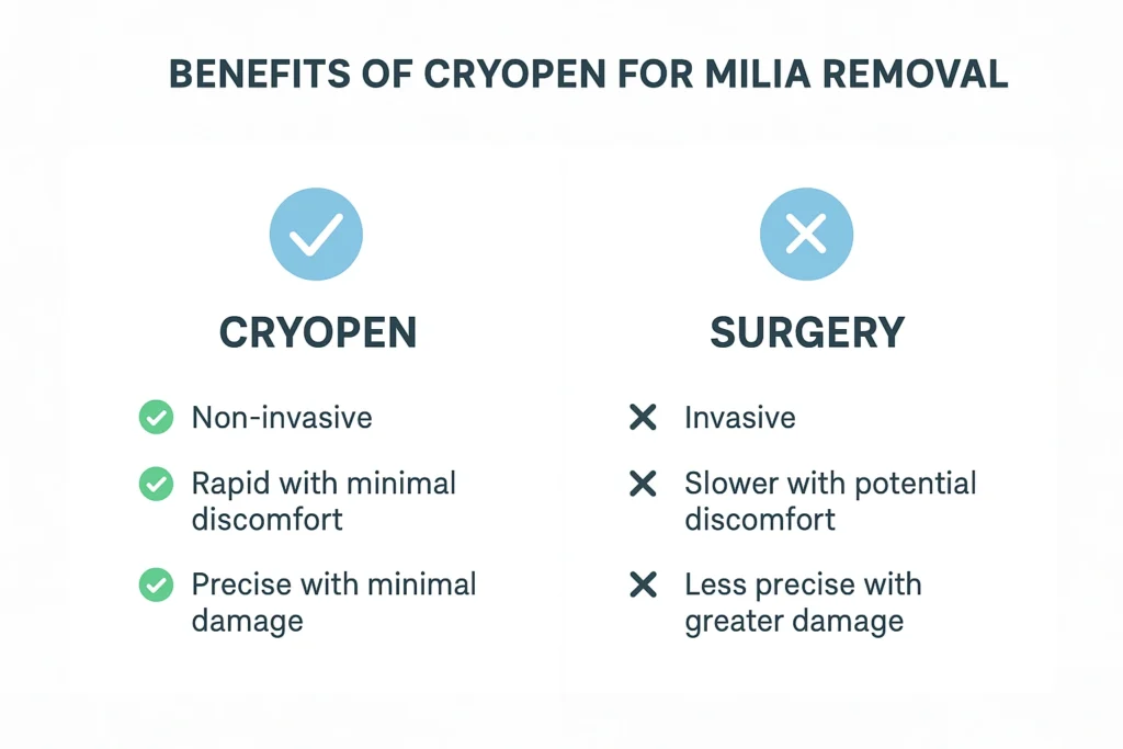 Benefits of cryopen for milia removal Wakefield compared to surgical treatments.