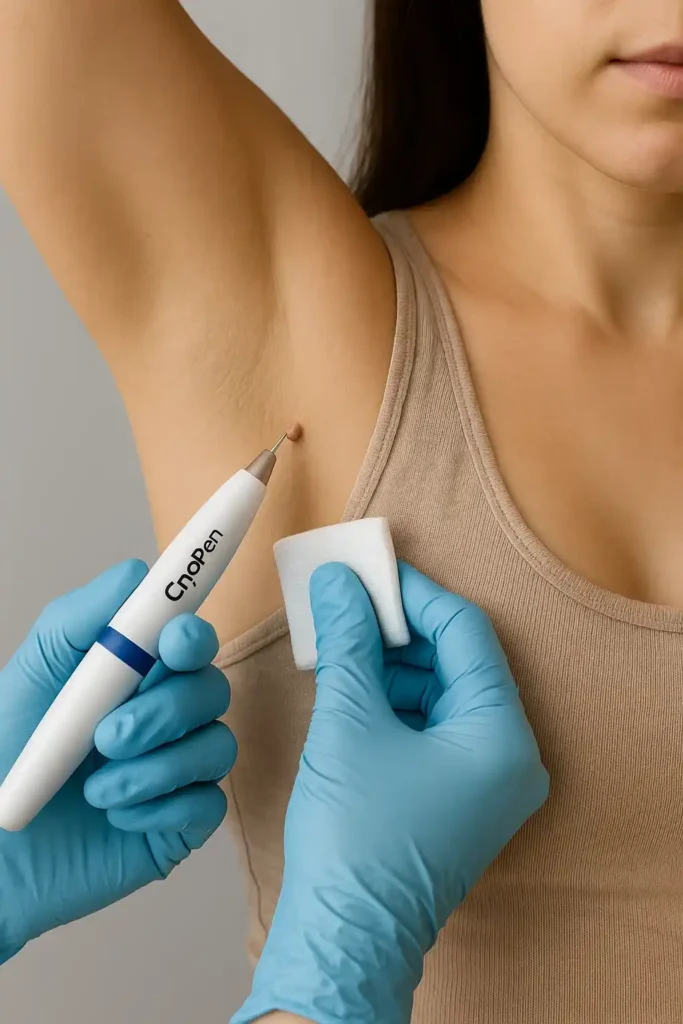 woman having cryopen to remove underarm skin tags Wakefield