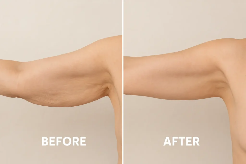 Picture of LA LIPO Wakefield before and after results of skin tightening treatment on the upper arms.