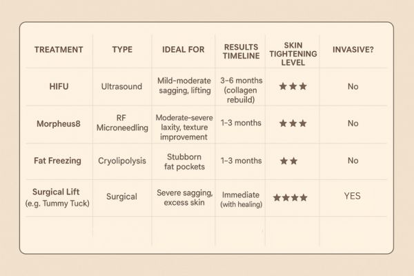 Table showing the comparisons of Skin tightening Wakefield treatment options.